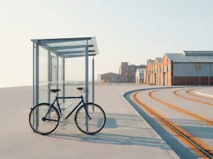 Diepblauwe stadsfiets naast glazen bushalte, oranje tramrails kronkelend richting industriewijk in gouden ochtendlicht.