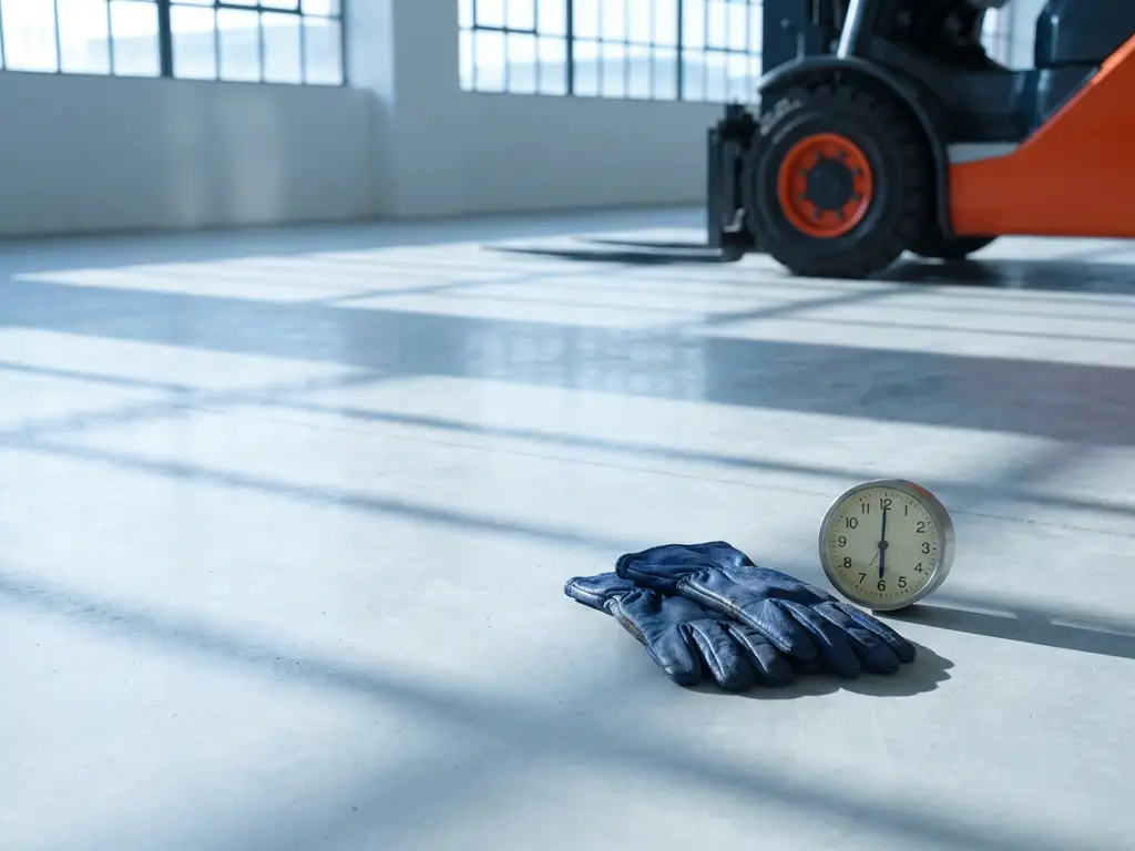 Diepblauwe werkhandschoenen op gepolijste magazijnvloer naast analoge klok, oranje heftruck wiel zichtbaar op achtergrond.