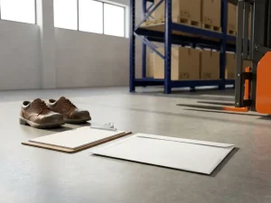 Witte envelop op betonnen magazijnvloer naast veiligheidsschoenen en klembord, industriële stellingen op achtergrond