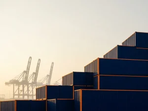 Industriële scheepscontainers in diepblauw met oranje accenten vormen een oplopende trap richting de horizon, Rotterdamse havenkranen in de mistige achtergrond.