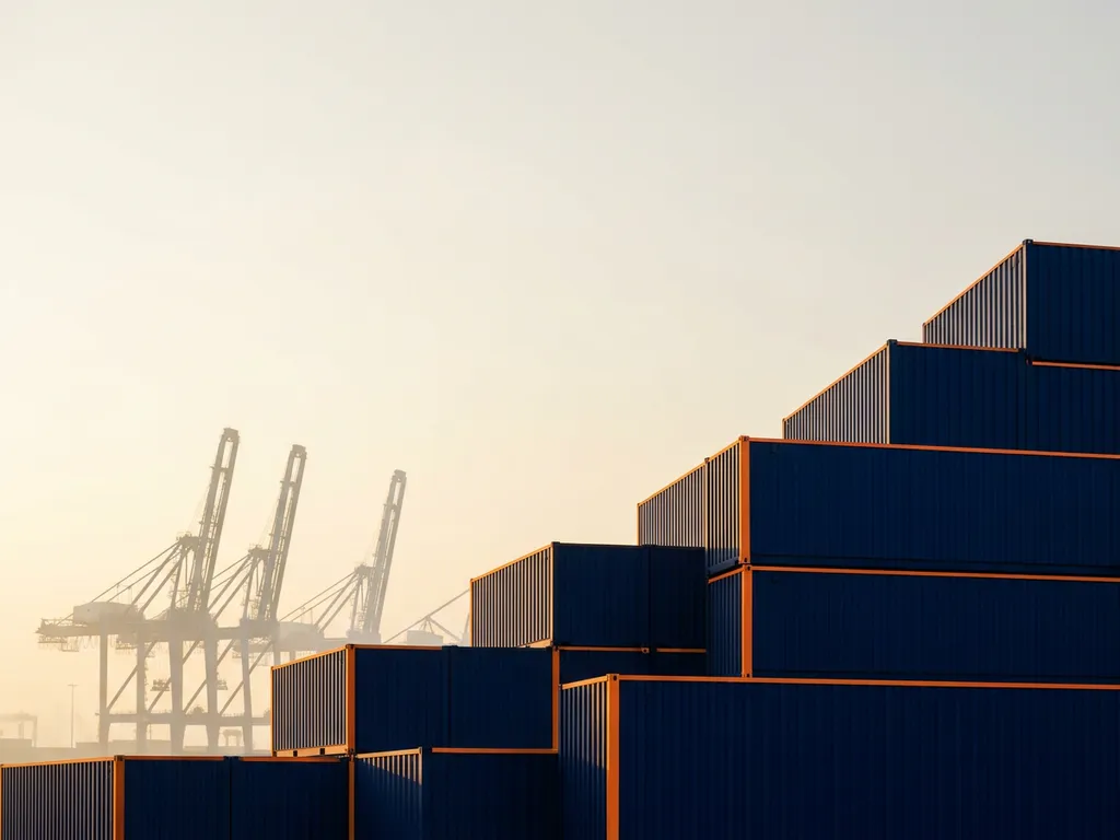 Industriële scheepscontainers in diepblauw met oranje accenten vormen een oplopende trap richting de horizon, Rotterdamse havenkranen in de mistige achtergrond.