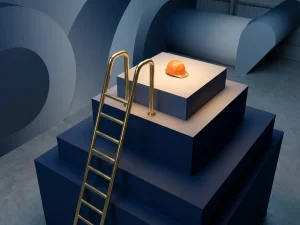 Messing ladder stijgt door marineblauw geometrische platforms, oranje veiligheidshelm rust op hoogste niveau in minimalistisch industrieel decor.