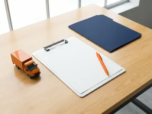 Klembord met checklist naast oranje vrachtwagen miniatuur, oranje pen en marineblauw map op magazijnbureau.