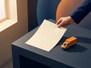 Professionele hand plaatst verzorgd cv-document op strak marineblauw bureau naast oranje miniatuur bezorgwagen, minimalistisch bovenaanzicht met warm natuurlijk licht.