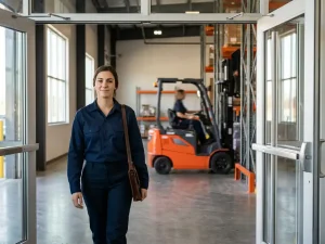 Jonge professional in marineblauw overhemd stapt zelfverzekerd moderne magazijningang binnen, oranje heftruck op achtergrond