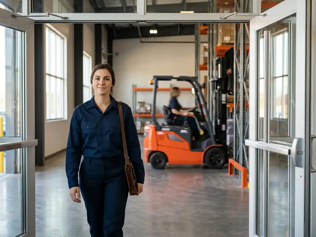 Jonge professional in marineblauw overhemd stapt zelfverzekerd moderne magazijningang binnen, oranje heftruck op achtergrond
