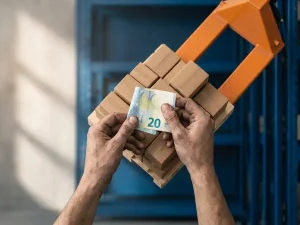 Verweerde handen houden eurobiljet boven miniatuur houten pallet met kartonnen dozen, industriële magazijnachtergrond met oranje heftruck.