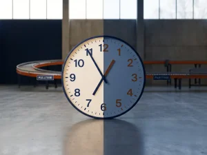 Analoge klok in tweeën gedeeld met heldere en gedimde helften, symboliseert fulltime en parttime werk in magazijnomgeving met oranje transportbanden.