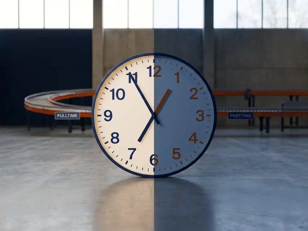 Analoge klok in tweeën gedeeld met heldere en gedimde helften, symboliseert fulltime en parttime werk in magazijnomgeving met oranje transportbanden.