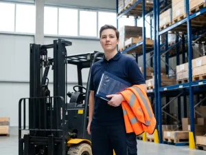 Jonge professional met certificeringsmap naast heftruck in modern magazijn, oranje veiligheidsvest over arm, blauwe stellingen op achtergrond