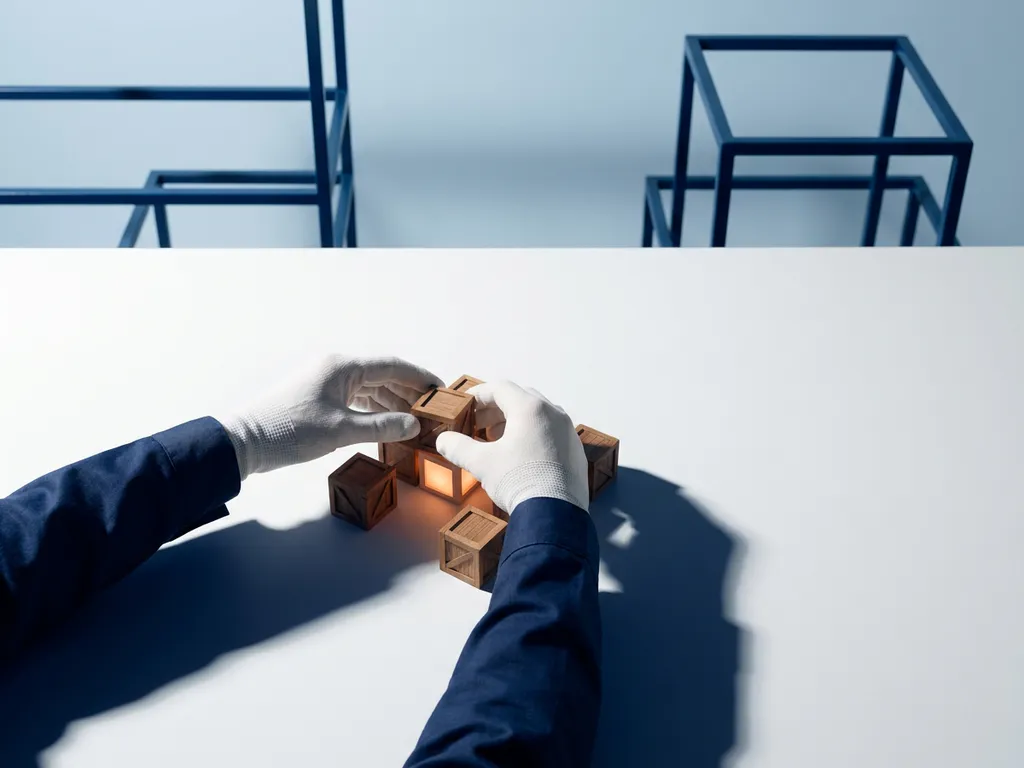 Handen ordenen miniatuur houten vrachtcontainers op wit oppervlak, één container gloeit oranje, marineblauwe schaduwen, minimalistisch magazijndecor.