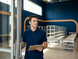 Jonge professional met klembord bij ingang van moderne logistieke trainingslocatie, magazijn met blauwe wanden en oranje accenten op achtergrond.