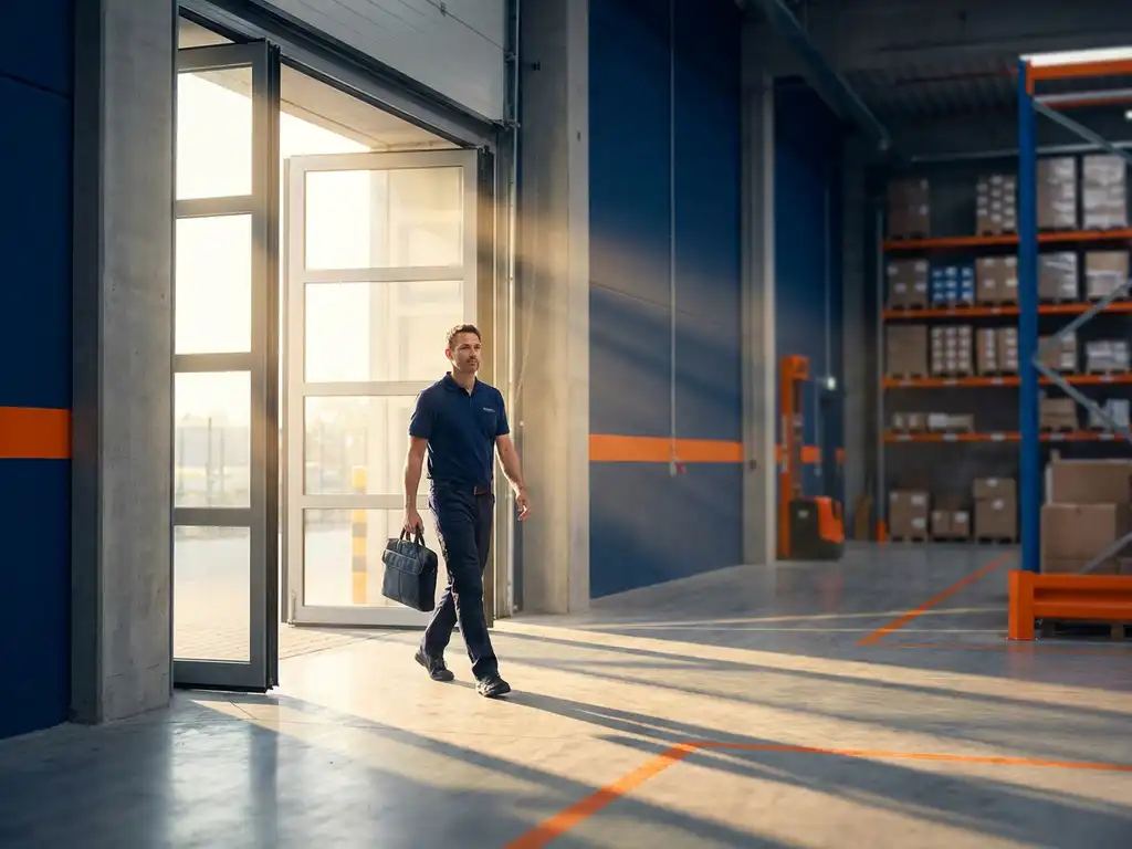 Jonge professional in marineblauw poloshirt betreedt modern magazijn met geometrische stellingen en ochtendzonlicht