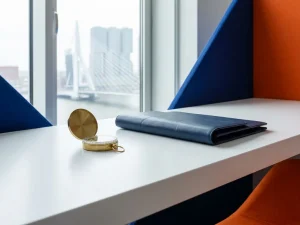 Koperen kompas op wit bureau naast marineblauw portfolio, Erasmusbrug Rotterdam zichtbaar door raam op achtergrond.