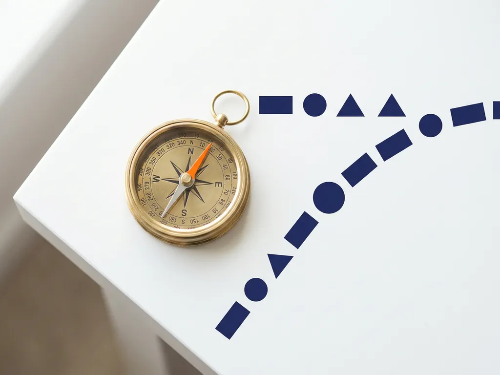 Messing kompas op wit bureau naast twee geometrische paden, één direct en één via tussenpunt, marineblauw met oranje accenten.