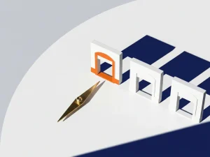 Kompasnaald wijst naar oranje gemarkeerde magazijndeur tussen drie miniatuur deuren, minimalistisch bovenaanzicht met marineblauw schaduwspel