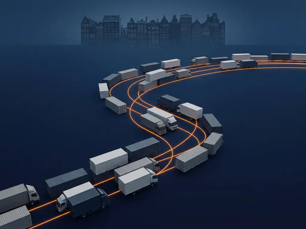 Minimalistische vrachtcontainers en bezorgwagens in vloeiende formatie met oranje routelijnen, Amsterdamse grachtenpanden op de achtergrond.