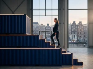 Logistiek professional beklimt trap van gestapelde scheepscontainers met oranje accenten, Amsterdamse grachtenpanden zichtbaar door pakhuisramen.