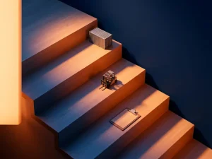 Houten traptreden met miniatuur logistieke elementen zoals heftruck, klembord en container, oranje accentverlichting tegen donkerblauwe achtergrond.