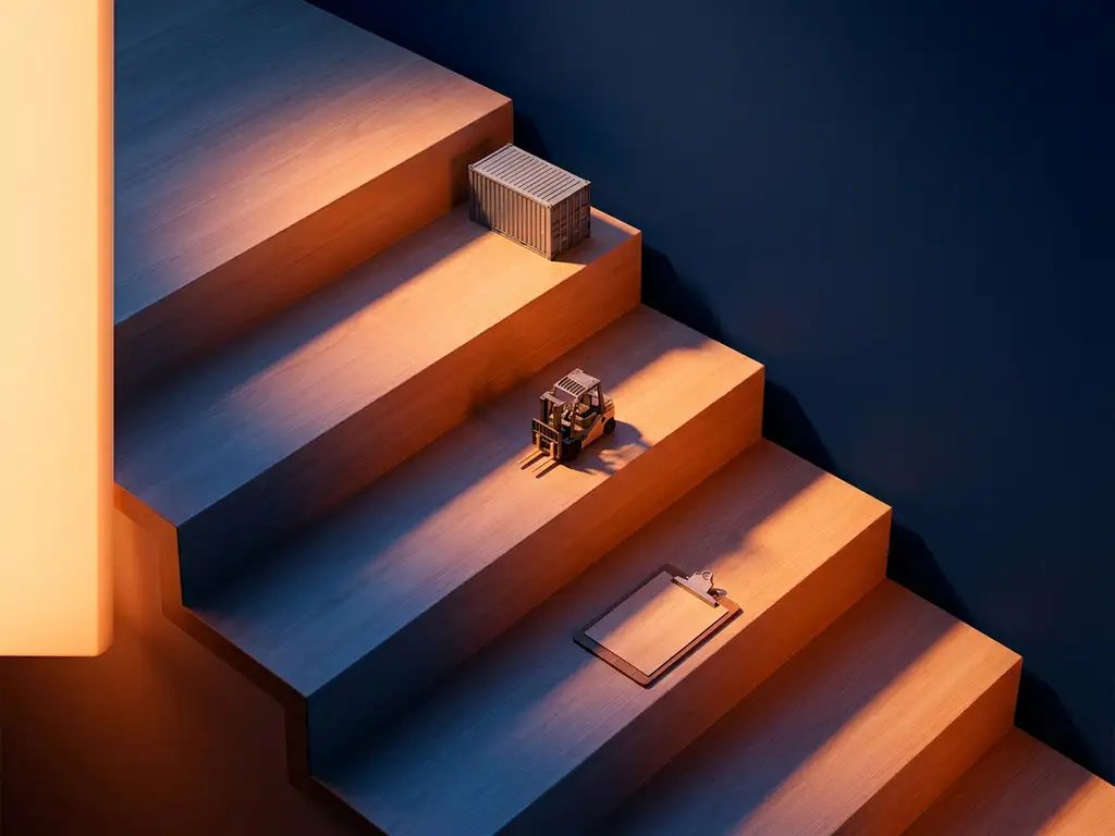 Houten traptreden met miniatuur logistieke elementen zoals heftruck, klembord en container, oranje accentverlichting tegen donkerblauwe achtergrond.