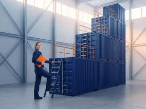 Jonge professional in marineblauw uniform beklimt ladder van gestapelde zeecontainers in minimalistische magazijnomgeving met oranje accenten.