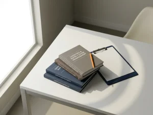 Stapel logistieke studieboeken en certificeringsmappen op wit bureau naast donkerblauw klembord met oranje pen, bovenaanzicht