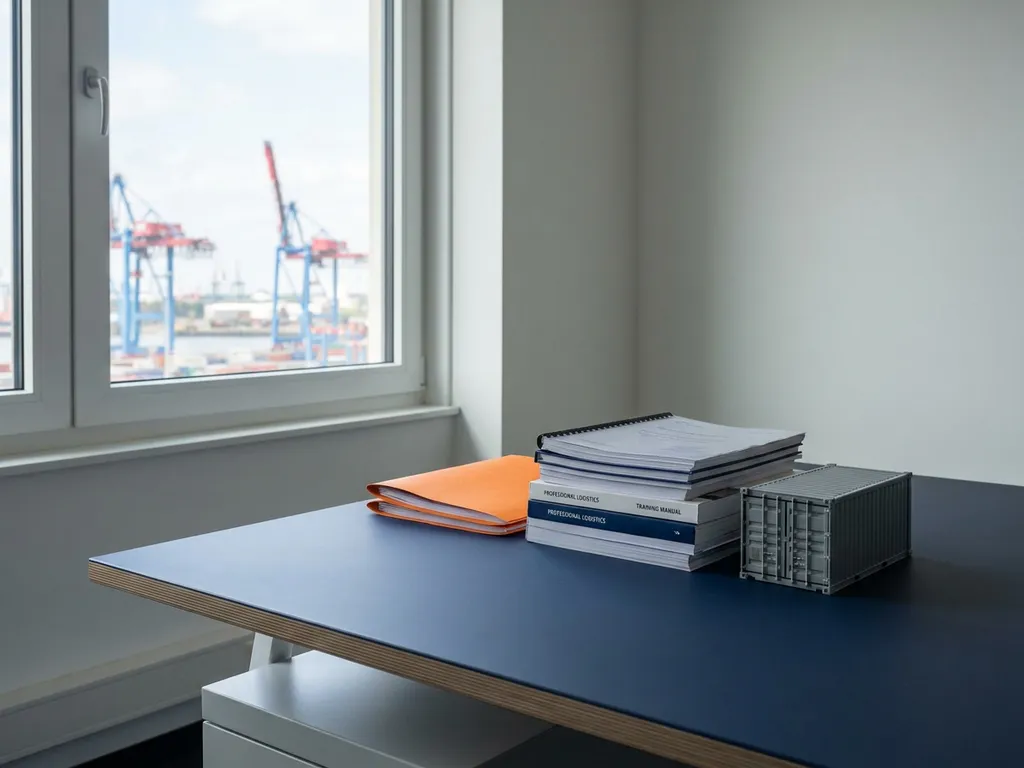 Stapel logistieke certificaten en trainingshandleidingen op marineblauw bureau naast miniatuur vrachtcontainer, Rotterdamse havenkranen zichtbaar door raam.
