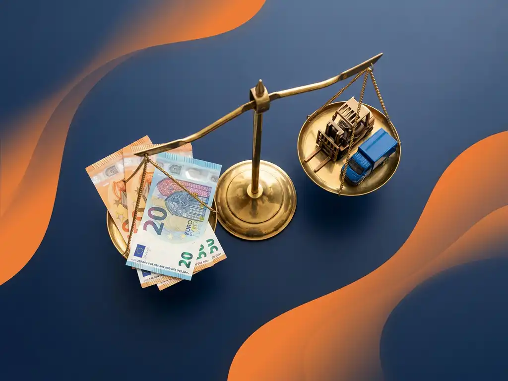 Euro-bankbiljetten naast een koperen weegschaal met miniatuur heftruck en vrachtwagen op donkerblauw oppervlak met oranje accenten.