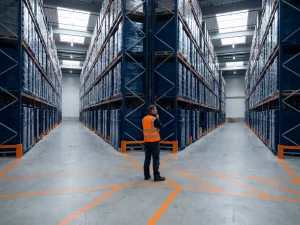 Logistiek medewerker staat bij kruispunt van magazijngangen met oranje veiligheidsmarkeringen en gestapelde pallets onder natuurlijk daglicht