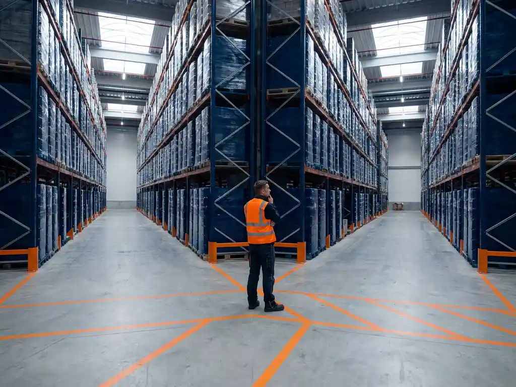 Logistiek medewerker staat bij kruispunt van magazijngangen met oranje veiligheidsmarkeringen en gestapelde pallets onder natuurlijk daglicht