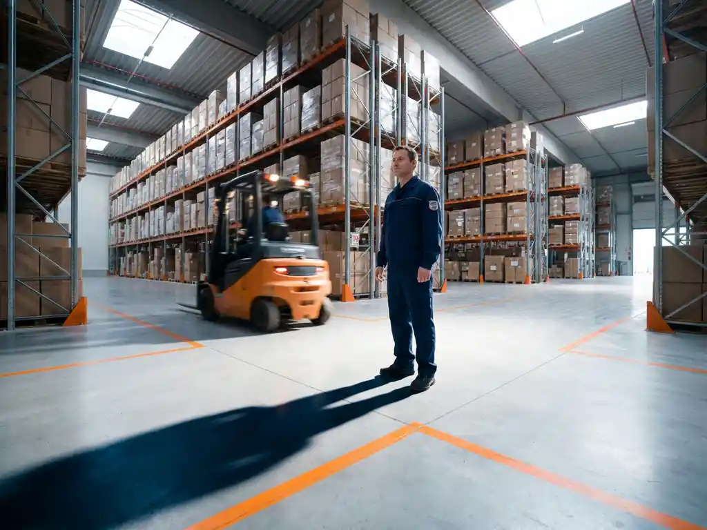 Logistiek medewerker in marineblauw uniform staat op kruispunt van magazijngangen met oranje heftruck en veiligheidsmarkeringen op betonvloer