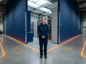 Logistiek medewerker in marineblauw uniform staat op kruispunt van moderne magazijngangen met oranje vloermarkeringen en geometrische stellingen.