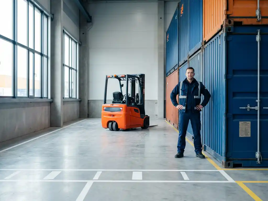 Logistiek medewerker in donkerblauw uniform naast gestapelde vrachtcontainers in modern magazijn met oranje heftruck op achtergrond