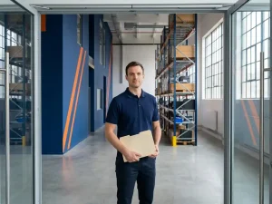 Jonge professional met certificaatmap bij ingang van modern logistiek opleidingscentrum met geometrische stellingsystemen
