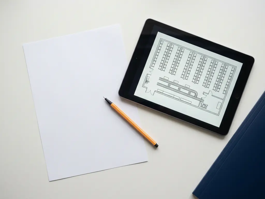 Cv en tablet met magazijnplattegrond op wit bureau, oranje pen en donkerblauwe map, professionele sollicitatieopstelling.