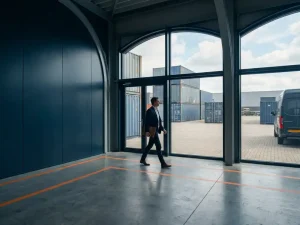 Zelfverzekerde sollicitant in professionele kleding loopt door moderne logistieke warehouse in Amsterdam met oranje veiligheidsmarkeringen
