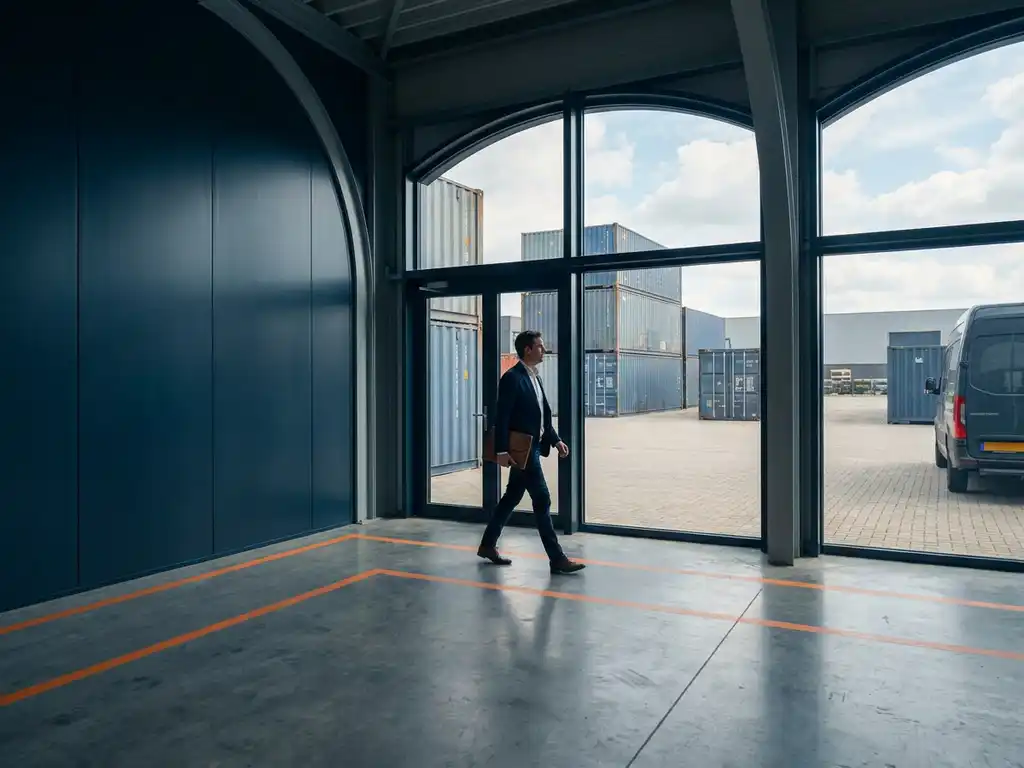 Zelfverzekerde sollicitant in professionele kleding loopt door moderne logistieke warehouse in Amsterdam met oranje veiligheidsmarkeringen