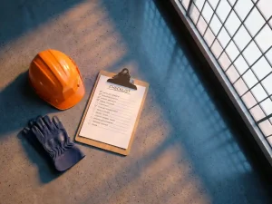 Klembord met checklist, oranje veiligheidshelm en werkhandschoenen op betonnen magazijnvloer, bovenaanzicht