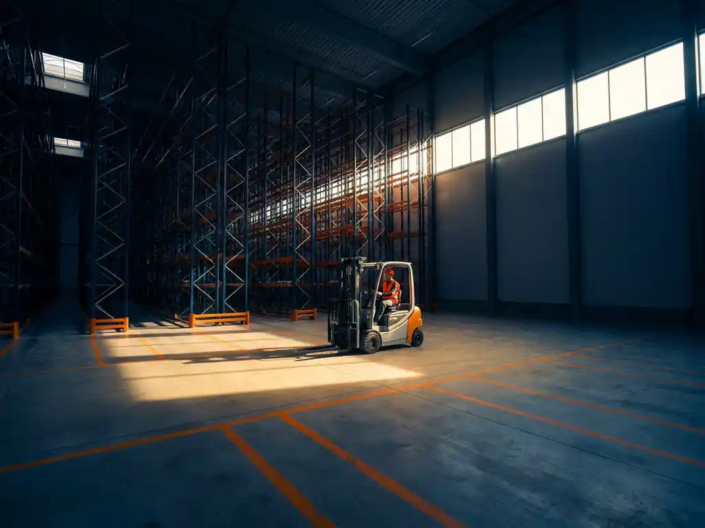 Moderne magazijnhal in Eindhoven met hoge stalen stellingen, vorkheftruckchauffeur in oranje veiligheidsvest tussen gangpaden, natuurlijk licht door industriële ramen.