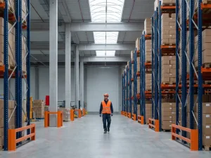 Magazijnmedewerker in oranje hesje loopt tussen hoge blauwe stellingen met kartonnen dozen in modern distributiecentrum