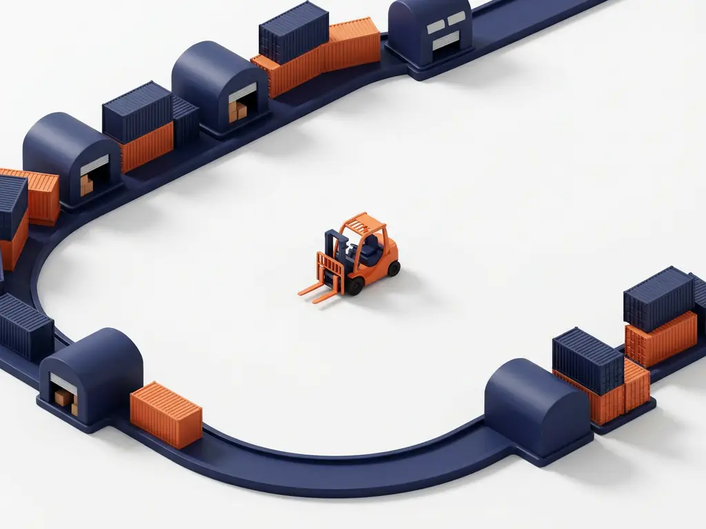 Miniatuur magazijngebouwen en vrachtcontainers langs een gebogen blauwe weg met oranje heftruck in het midden, bovenaanzicht
