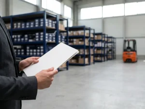 Handen houden witte map vast in magazijn met donkerblauwe stellingen en oranje heftruck op achtergrond