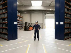 Magazijnmedewerker staat op kruispunt van gangen met donkerblauwe stellingen, oranje heftruck op achtergrond en natuurlijk daglicht