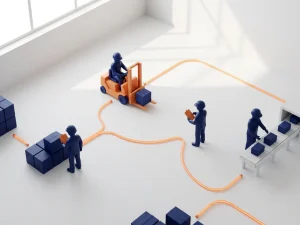Miniatuur magazijnmedewerkers in marineblauw uniformen verbonden door oranje werkstroomlijnen, bovenaanzicht op witte vloer.
