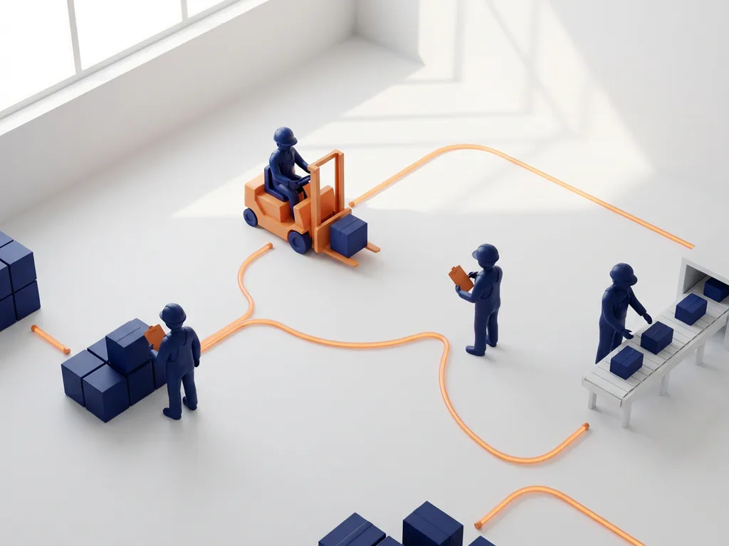 Miniatuur magazijnmedewerkers in marineblauw uniformen verbonden door oranje werkstroomlijnen, bovenaanzicht op witte vloer.