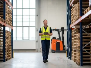 Logistiek medewerker met veiligheidsvest loopt door modern magazijn in Amsterdam met stalen stellingen en heftruck op achtergrond.