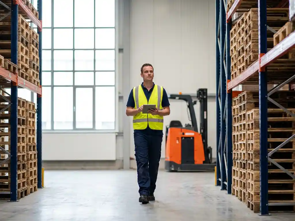 Logistiek medewerker met veiligheidsvest loopt door modern magazijn in Amsterdam met stalen stellingen en heftruck op achtergrond.