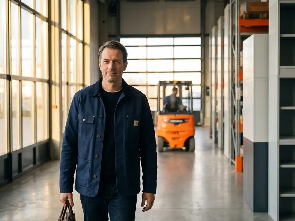 Professionele werknemer in marineblauw werkjasje loopt door moderne magazijningang met oranje heftruck op de achtergrond