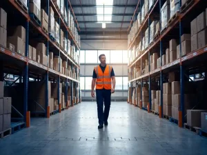 Magazijnmedewerker in marineblauw uniform loopt door modern distributiecentrum met hoge stellingen en natuurlijk licht door dakramen.