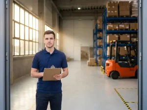 Jonge professional met klembord bij ingang van modern magazijn met stalen stellingen en oranje heftruck in goudkleurig zonlicht